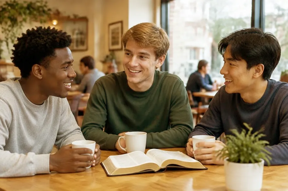 Three young men talking over mugs of tea with an open Bible on the table