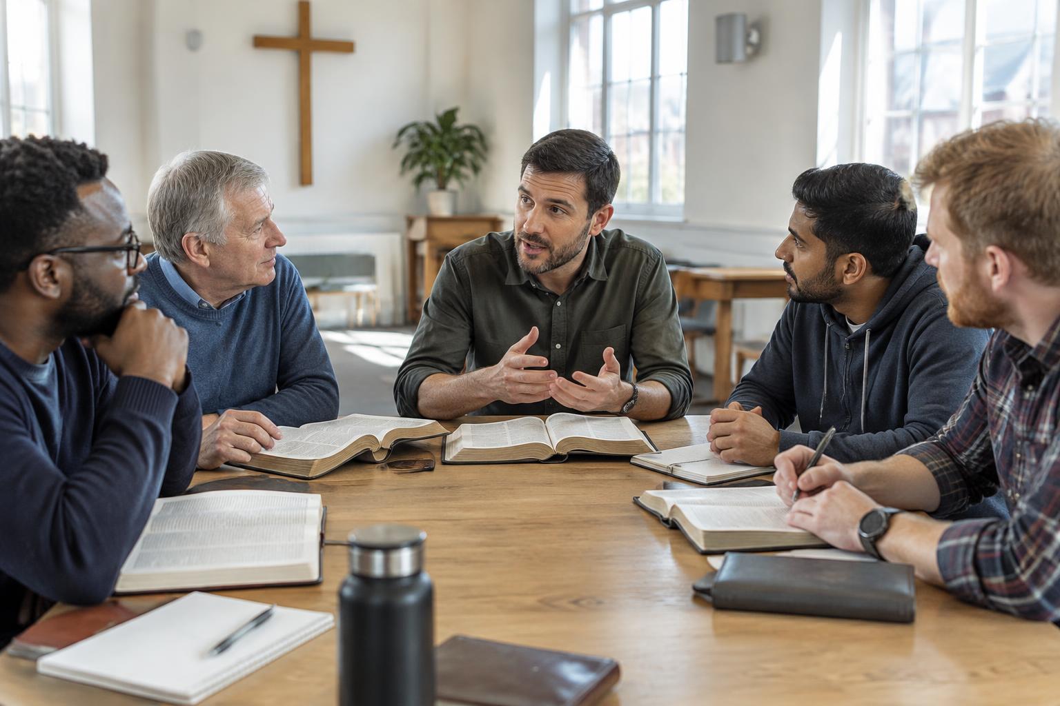 Men studying the Bible together in a bright church room