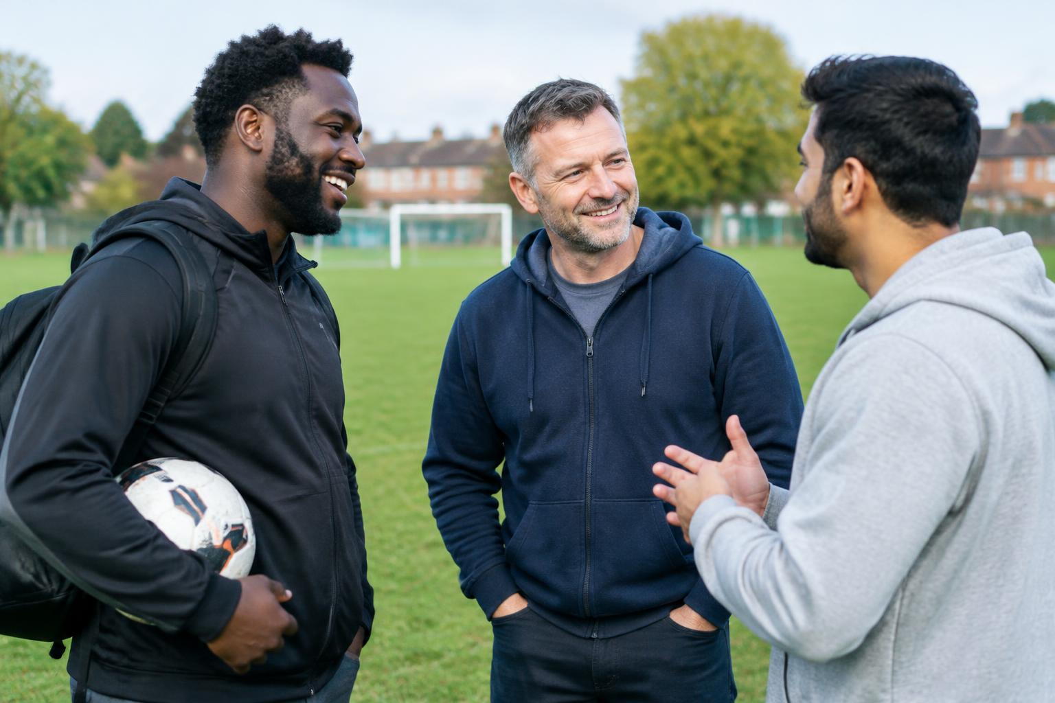 Three men sharing conversation beside a football pitch