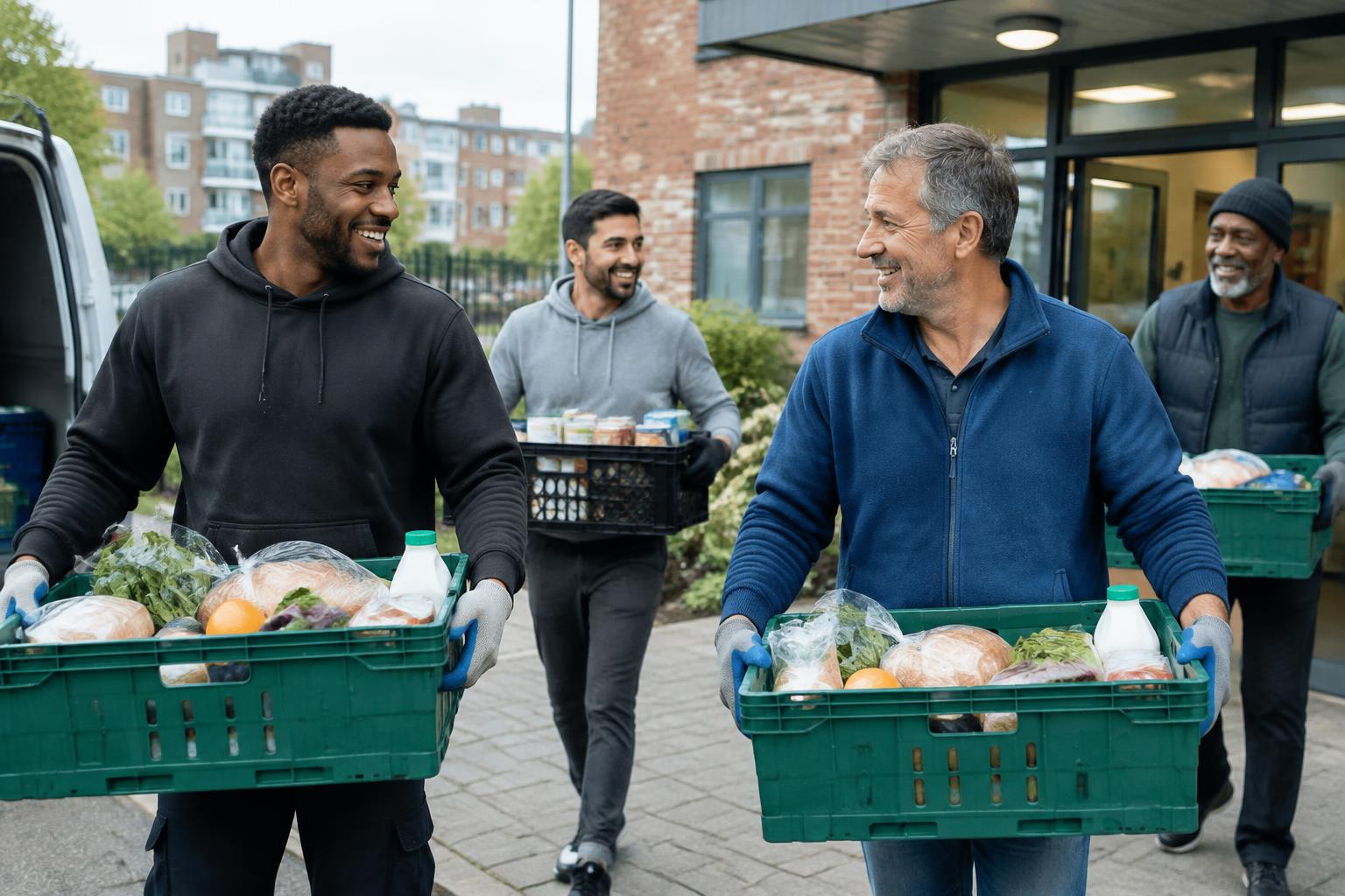 Men carrying food crates outside a community centre