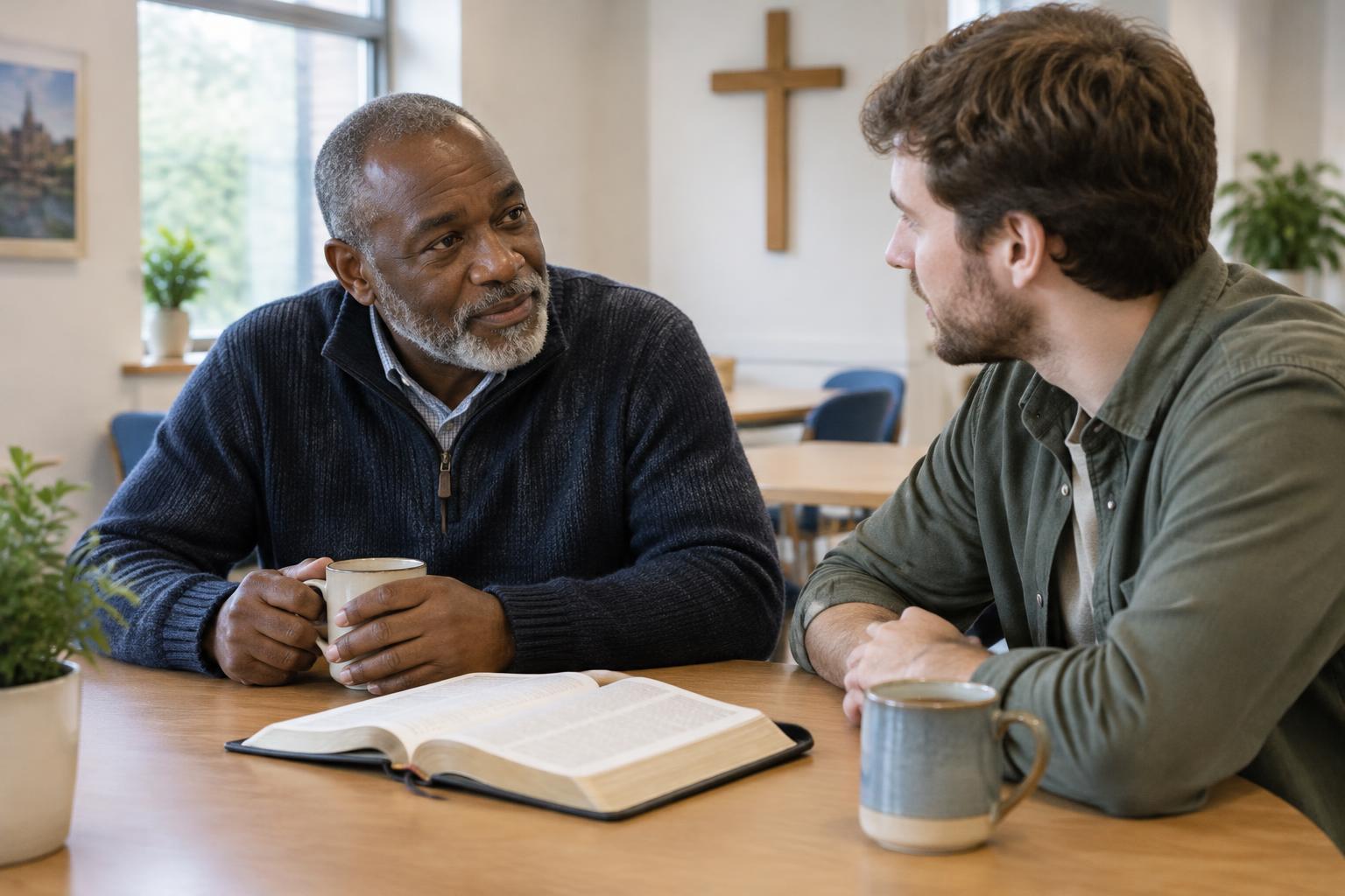 Two men talking over tea and an open Bible in a church room